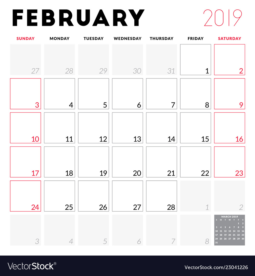 Calendar planner for february 2019 week starts Vector Image
