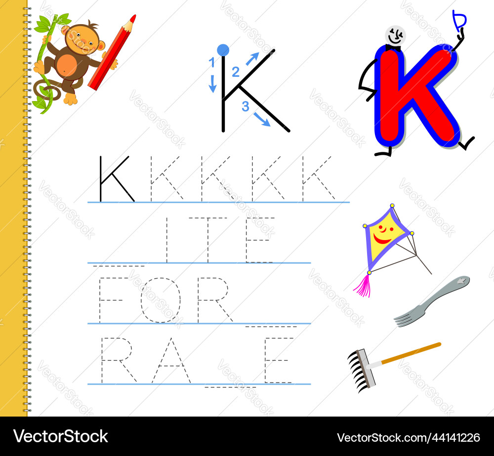 Learn to trace letter k study english words Vector Image