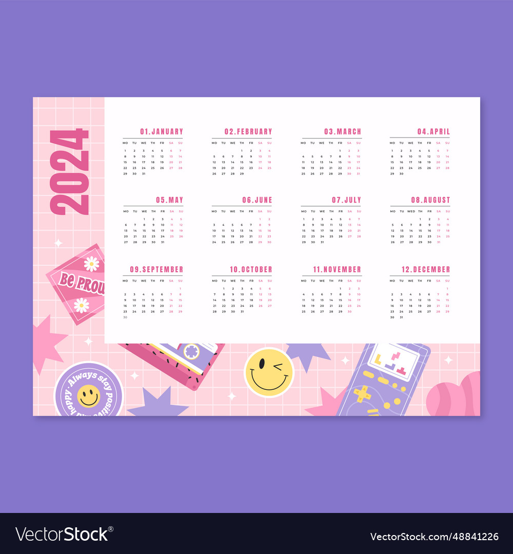 Y2k horizontal calendar for 2024 Royalty Free Vector Image