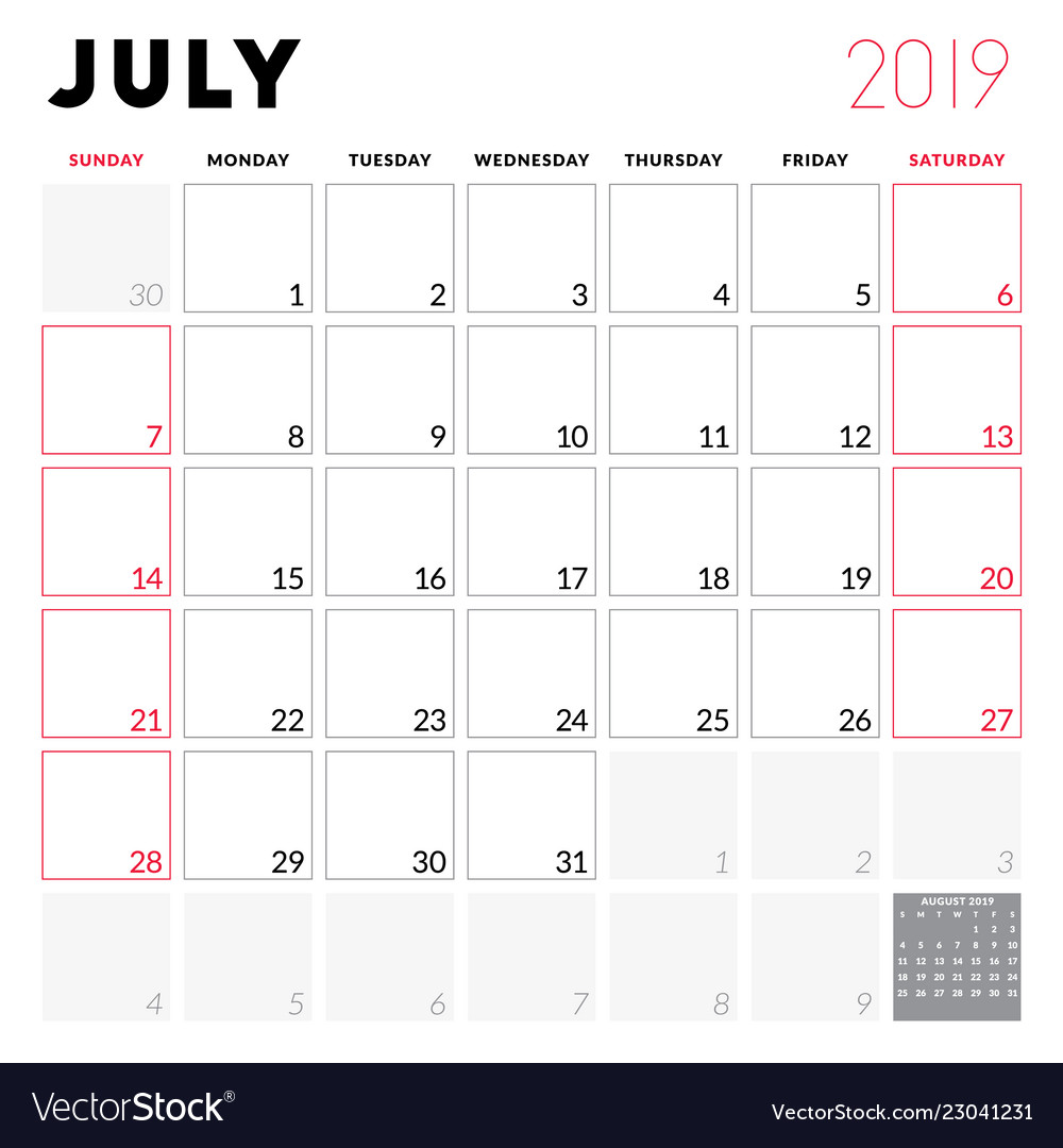 Calendar planner for july 2019 week starts Vector Image