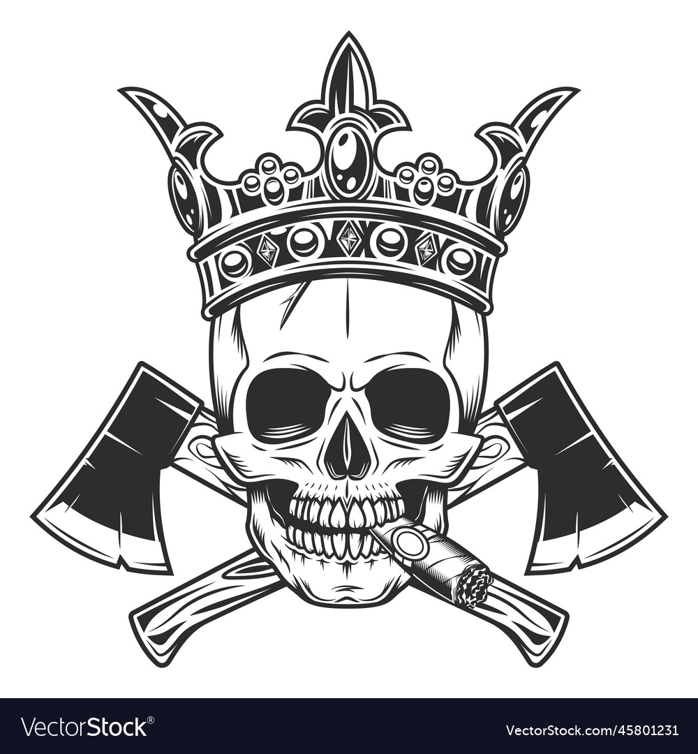 Skull smoking cigar in royal crown and axe Vector Image