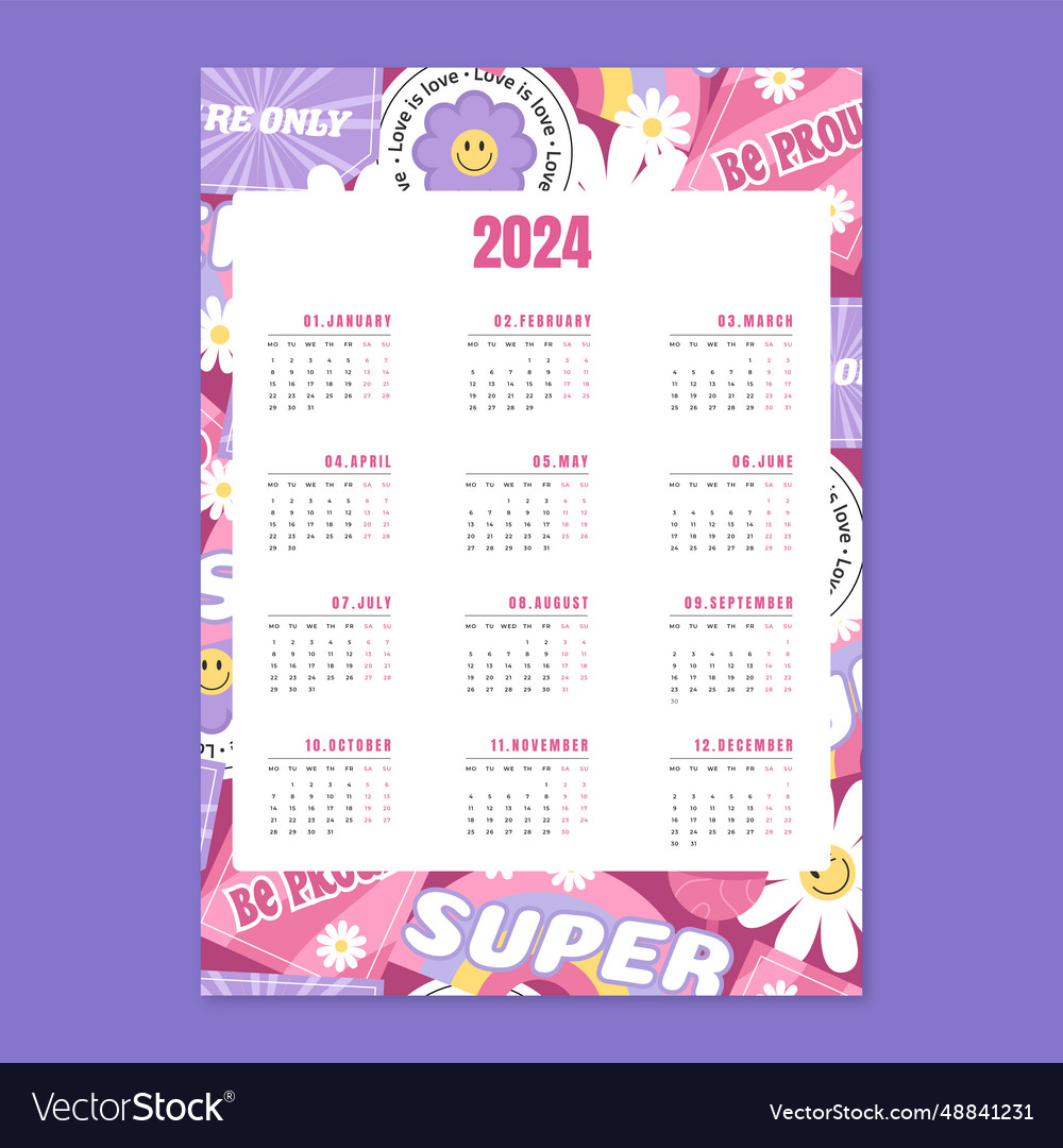 Y2k vertical calendar for 2024 Royalty Free Vector Image