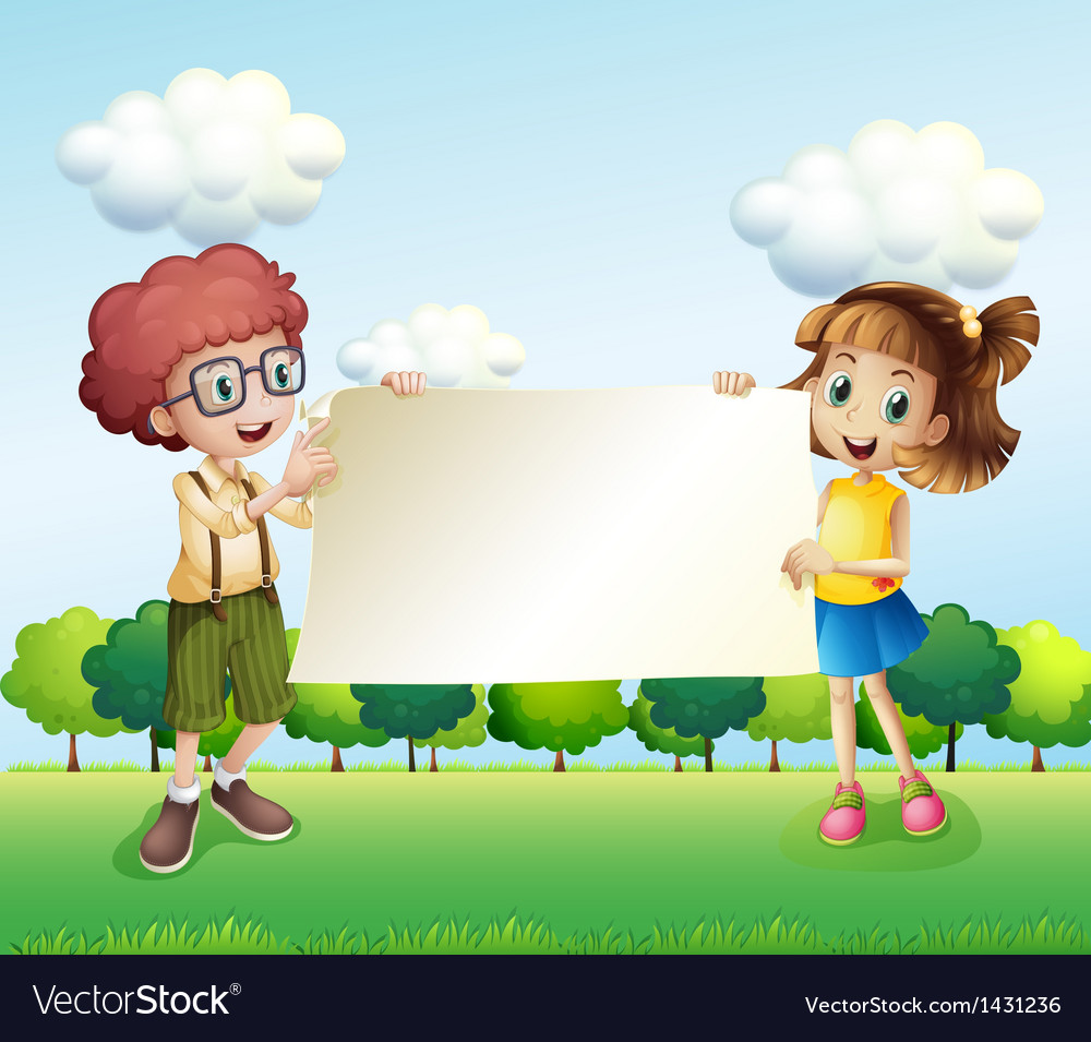 A boy and a girl holding an empty signage Vector Image