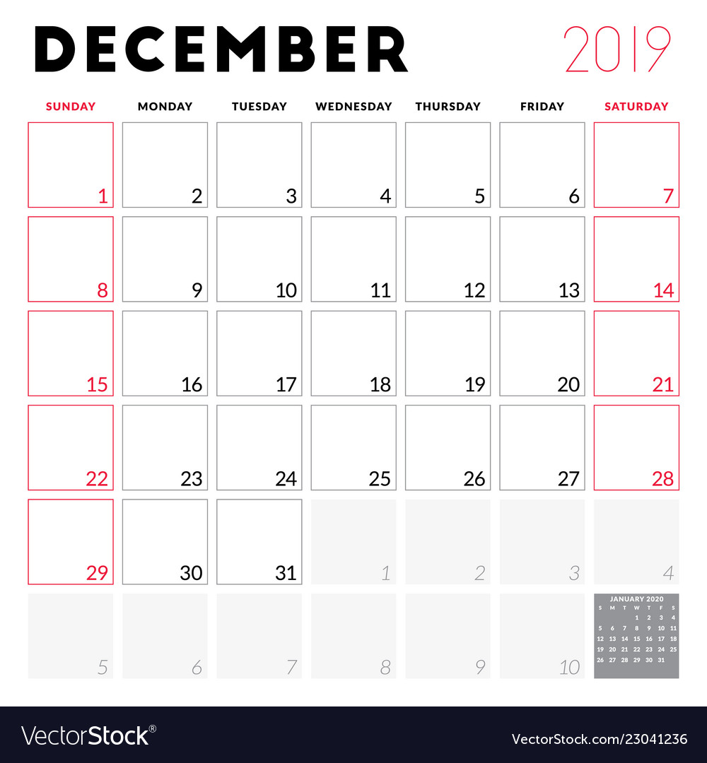 calendar planner for december 2019 week starts vector image