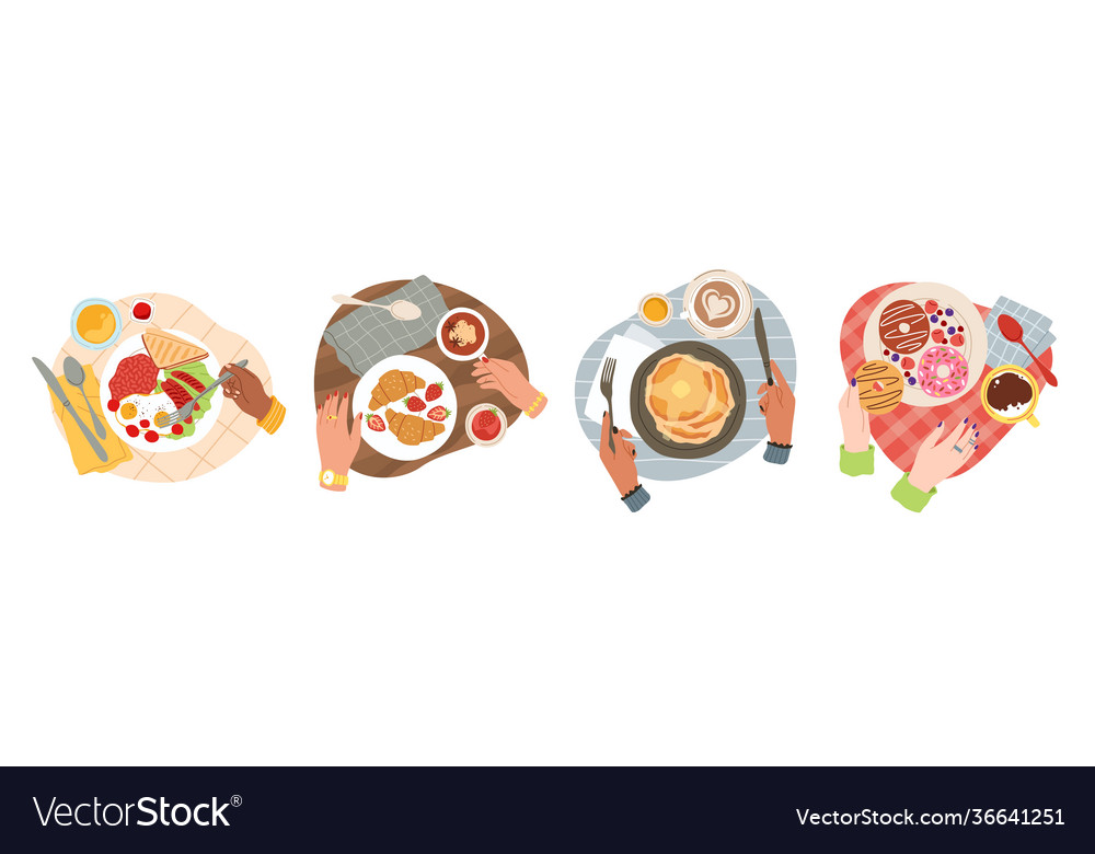 Breakfast Hands Top View Morning Healthy Meals Vector Image