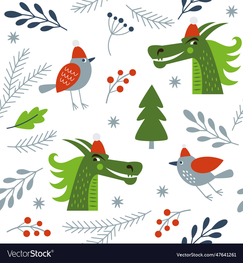 Seamless new years pattern with dragons and birds Vector Image