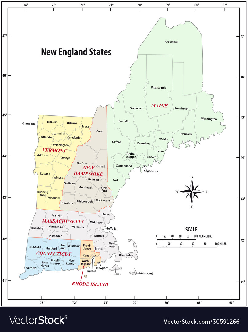 Administrative Map New England States Usa Vector Image   Administrative Map New England States Usa Vector 30591266 