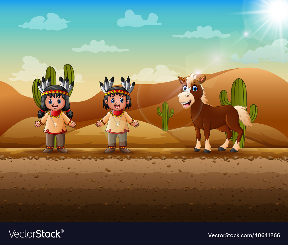 Cartoon of native indian girl and boy at desert