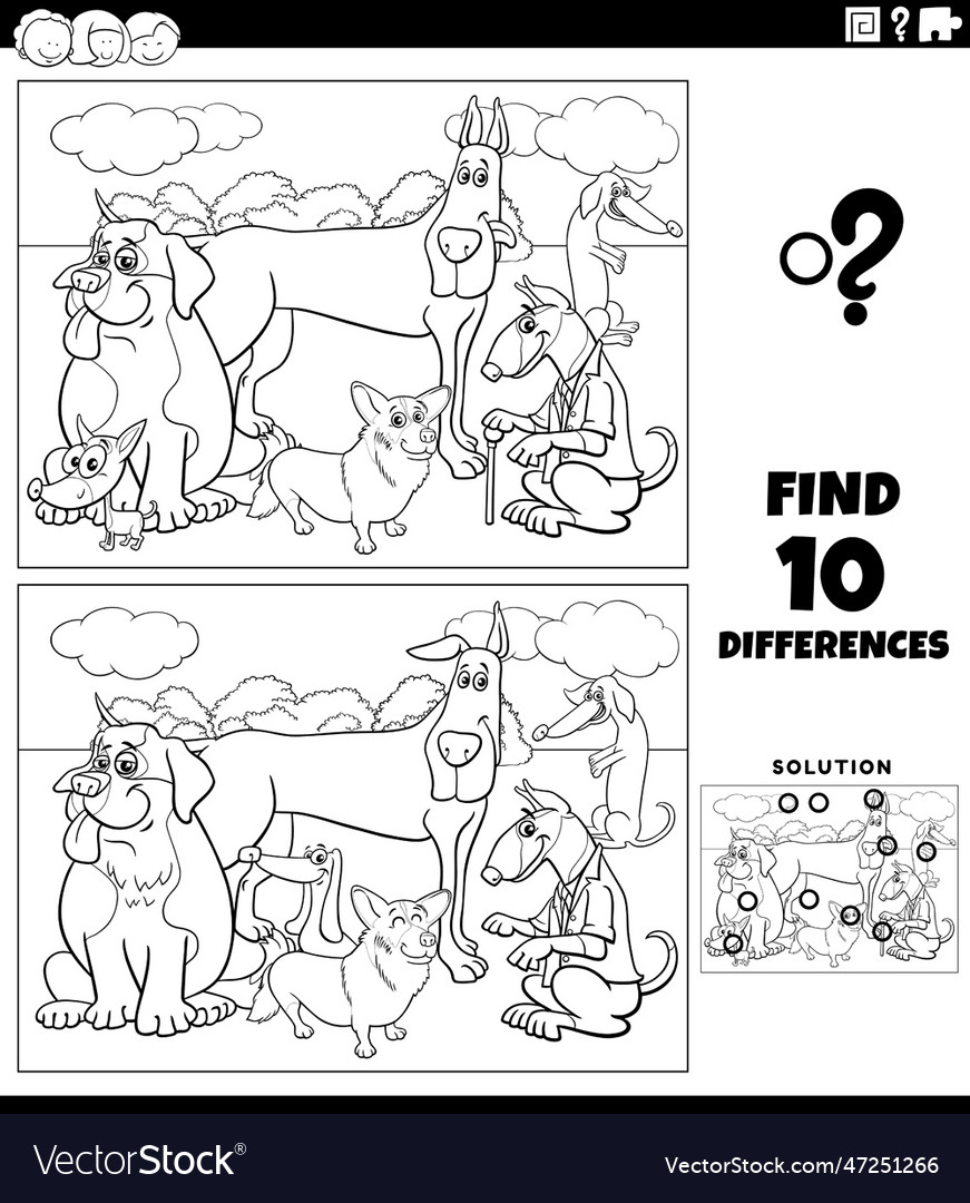 Differences game with cartoon dogs coloring page Vector Image