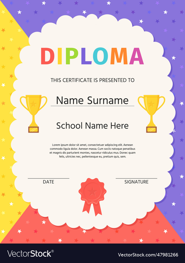 Preschool graduation diploma kid certificate Vector Image