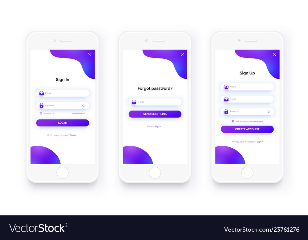 Mobile ui kit sign up form in page set Royalty Free Vector