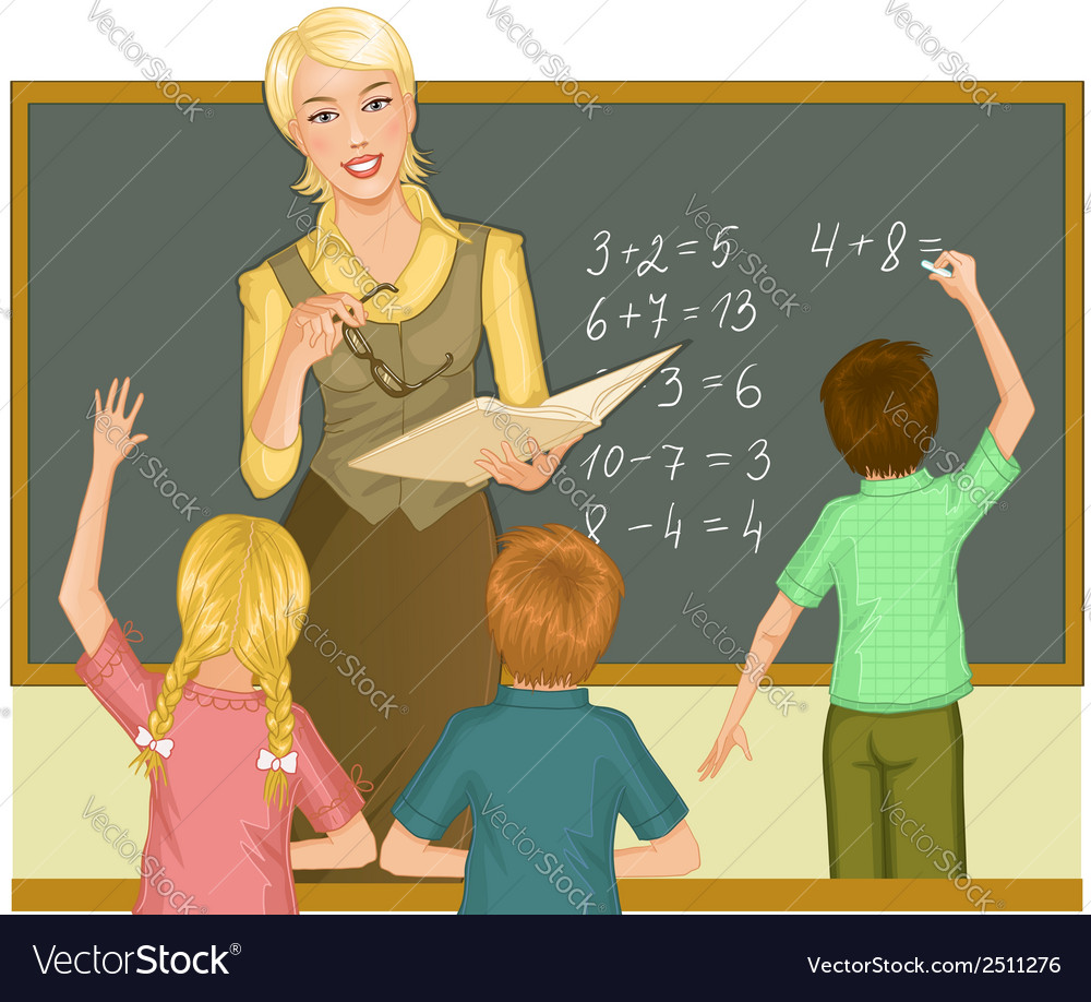 Teacher at blackboard explains children Royalty Free Vector