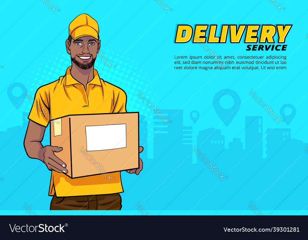 Delivery black man employee with a big box Vector Image
