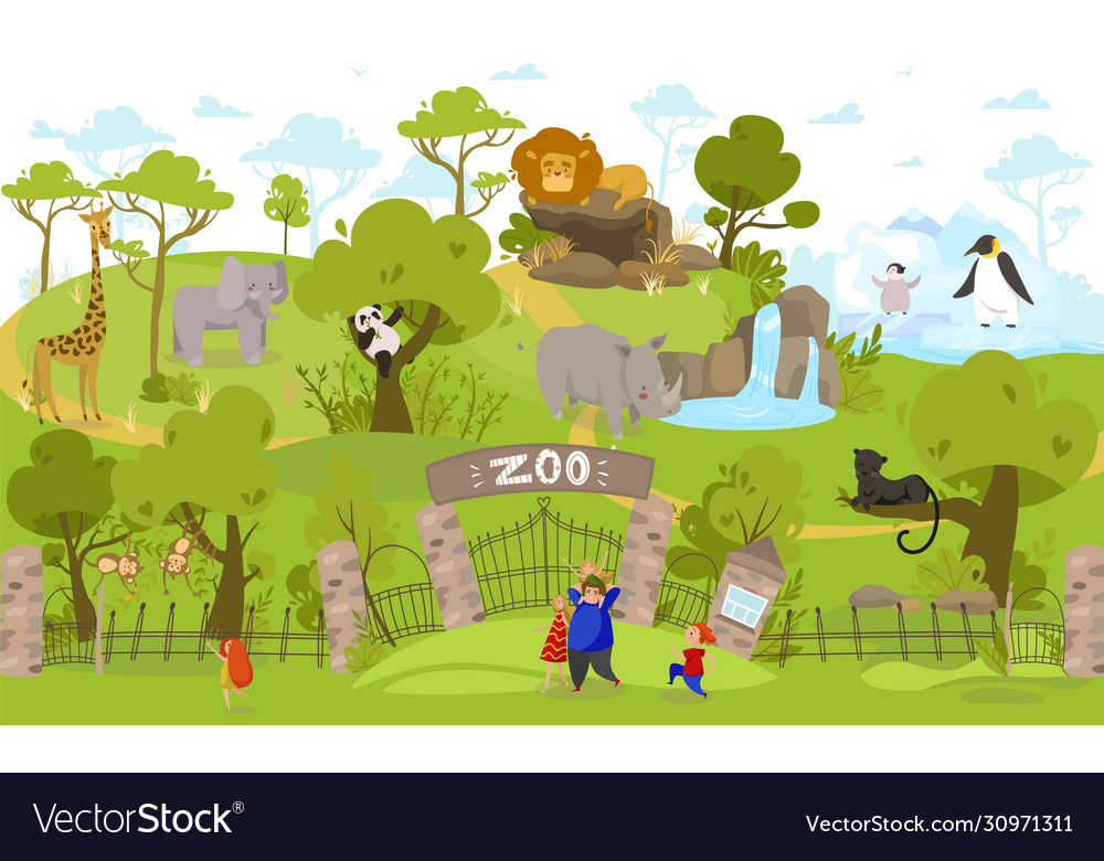 Happy family going to zoo exotic animals cartoon Vector Image