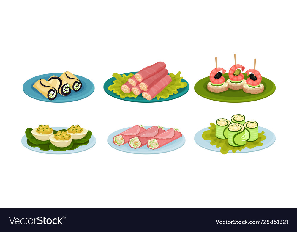 Light snacks and bites served on plates side view Vector Image