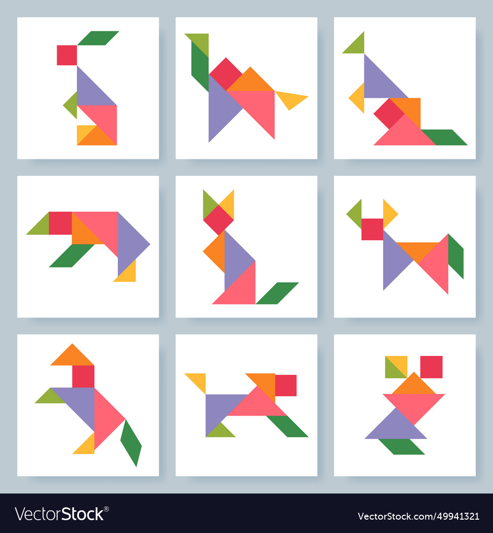 Tangram puzzle set with various animals Royalty Free Vector