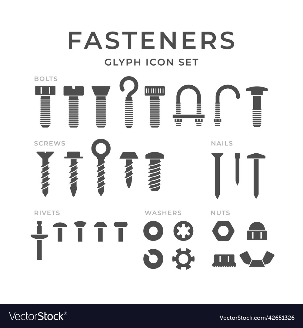 Set glyph icons of fasteners Royalty Free Vector Image