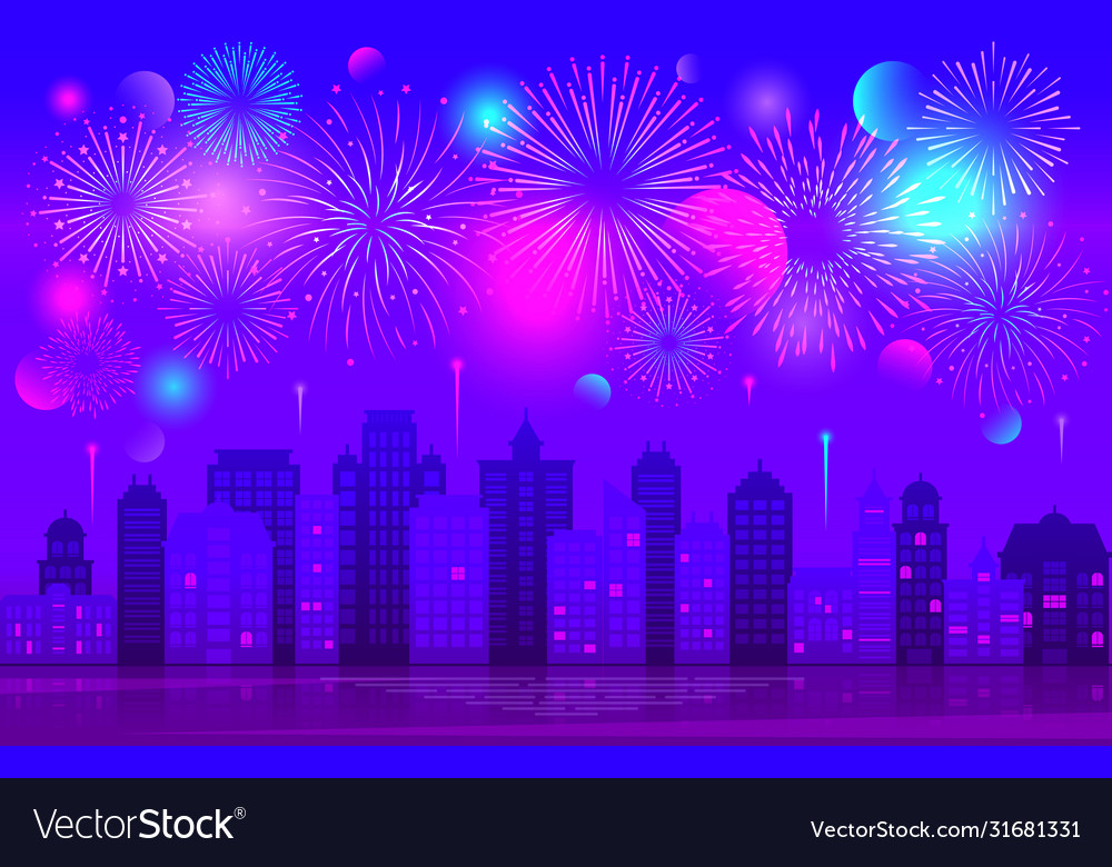 Colorful Brightly Beautiful Fireworks Night Sky Vector Image