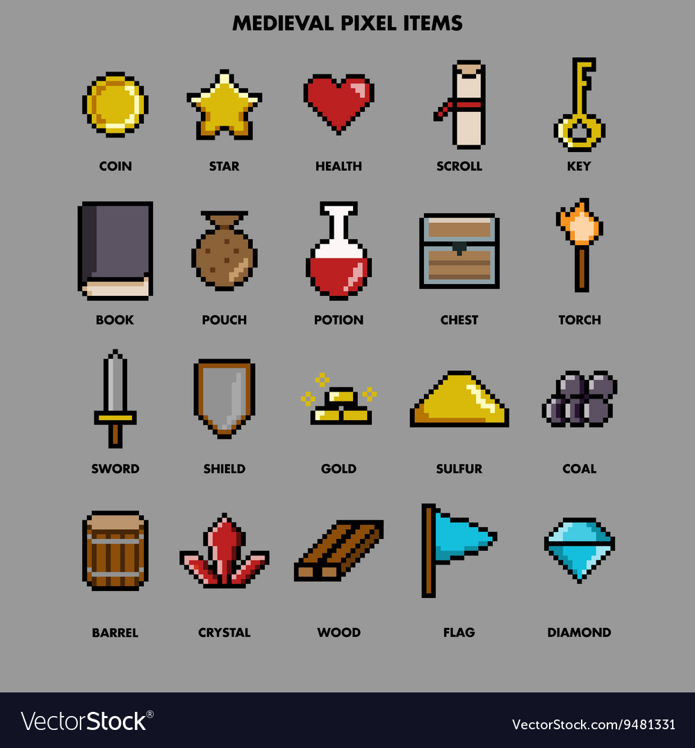 Medieval pixel items Royalty Free Vector Image