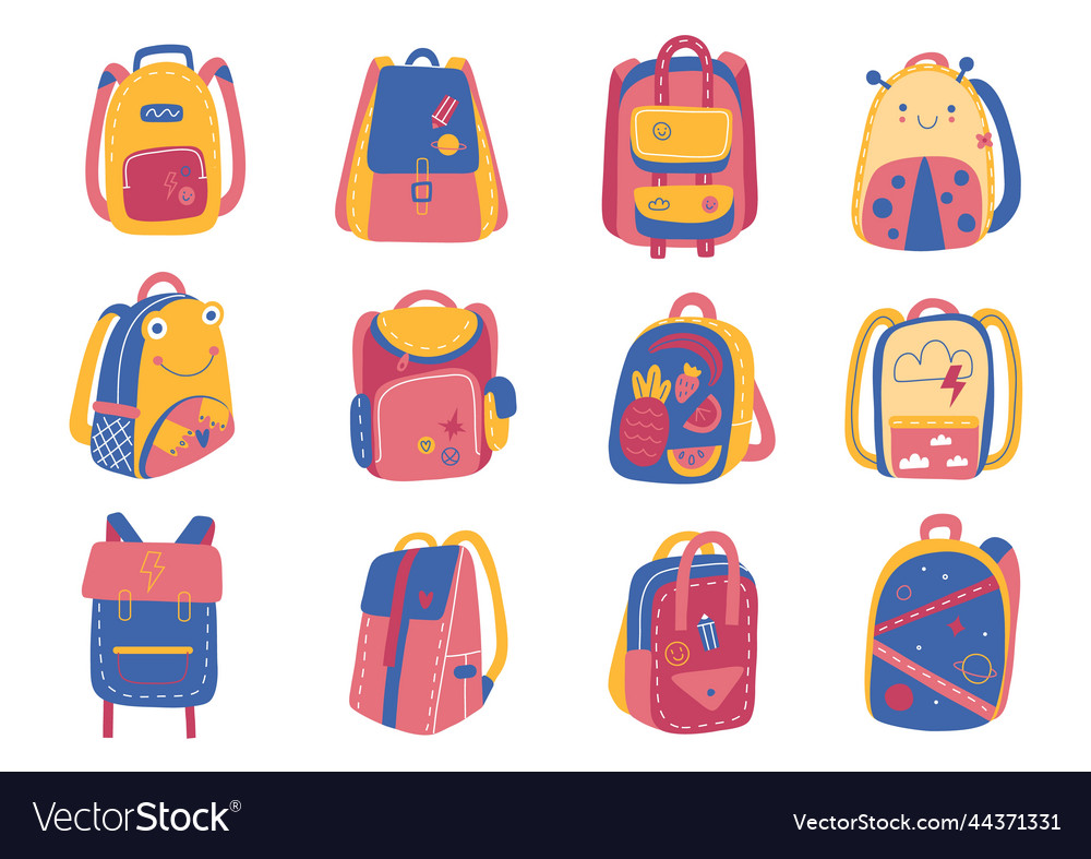 School backpacks children bright bags funny Vector Image