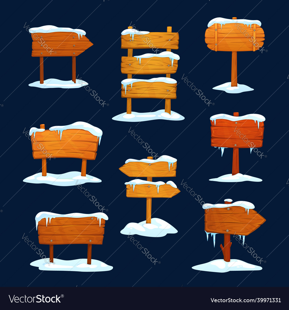 Winter wooden signs cartoon signboards with snow vector image Winter wooden signs cartoon signboards with snow
