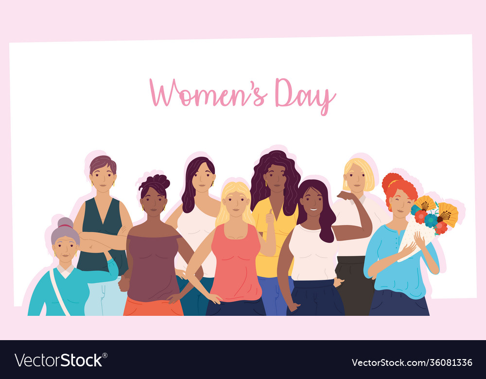 Happy Womens Day Lettering Card With Group Vector Image