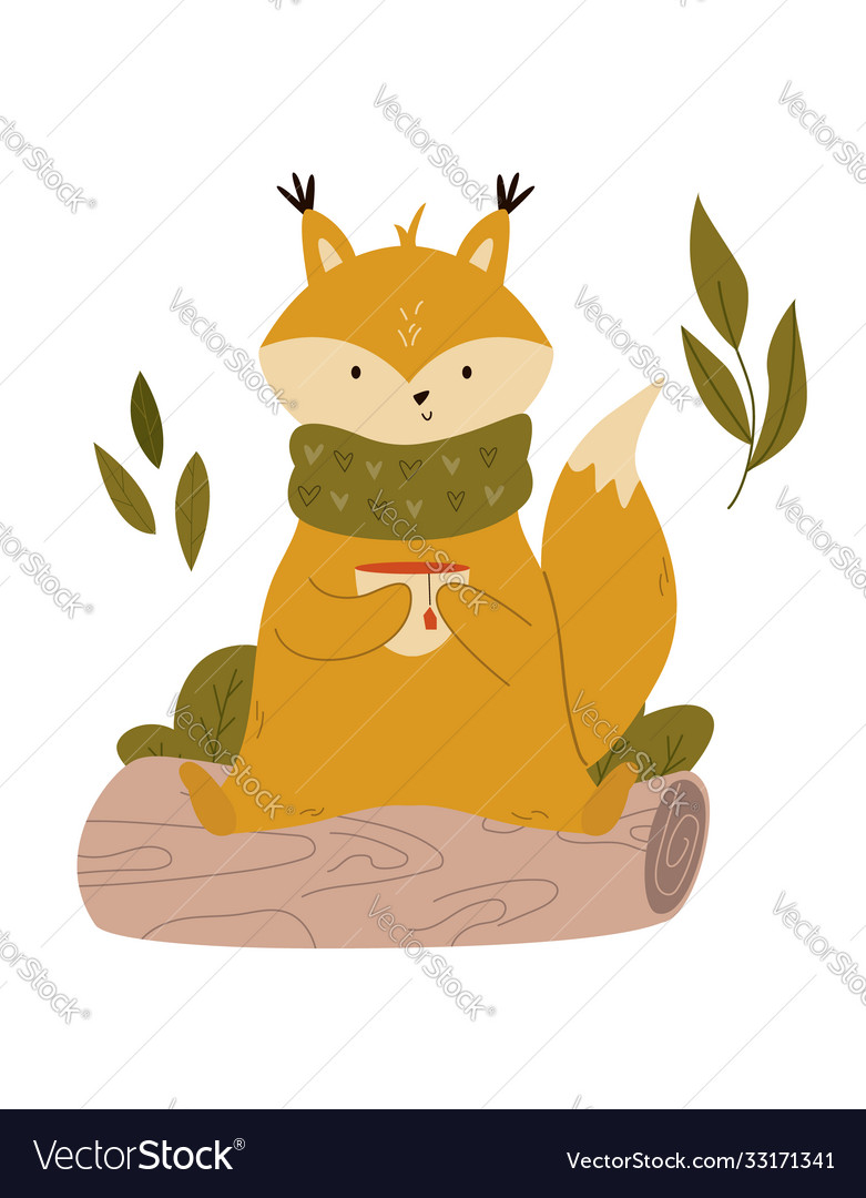 Cute fox in a scarf having tea sitting on log