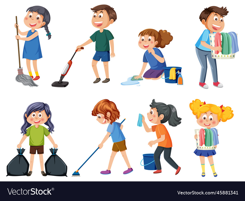 Kids cleaning at home set Royalty Free Vector Image