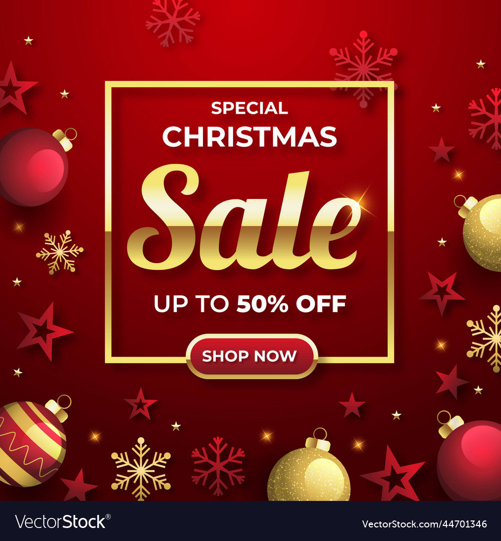 Flat christmas sales promo with golden red Vector Image