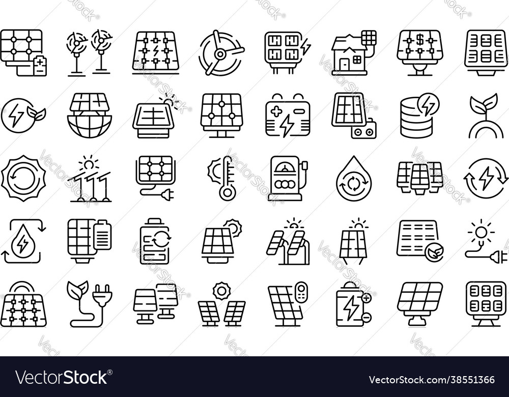 Solar panels icons set outline invertor Royalty Free Vector