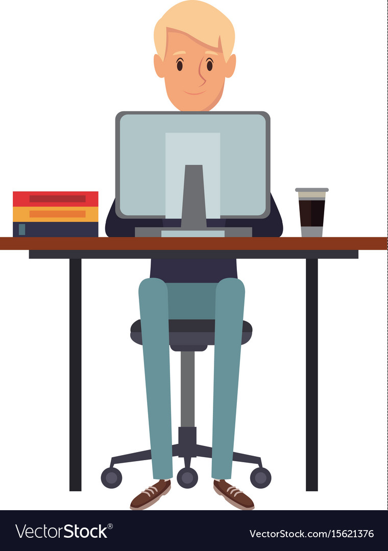 Man Working Sitting In Desk Computer Work Space Vector Image