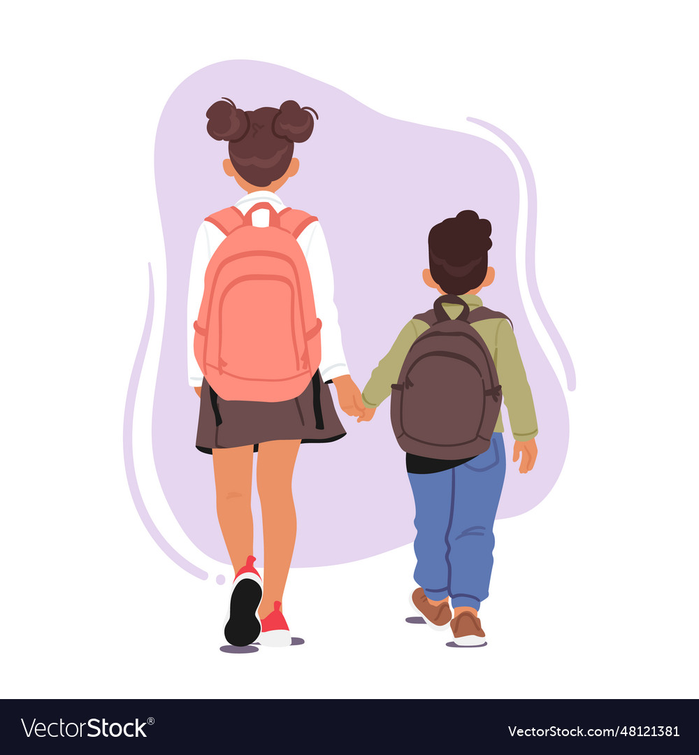 Two children characters with backpacks walking Vector Image