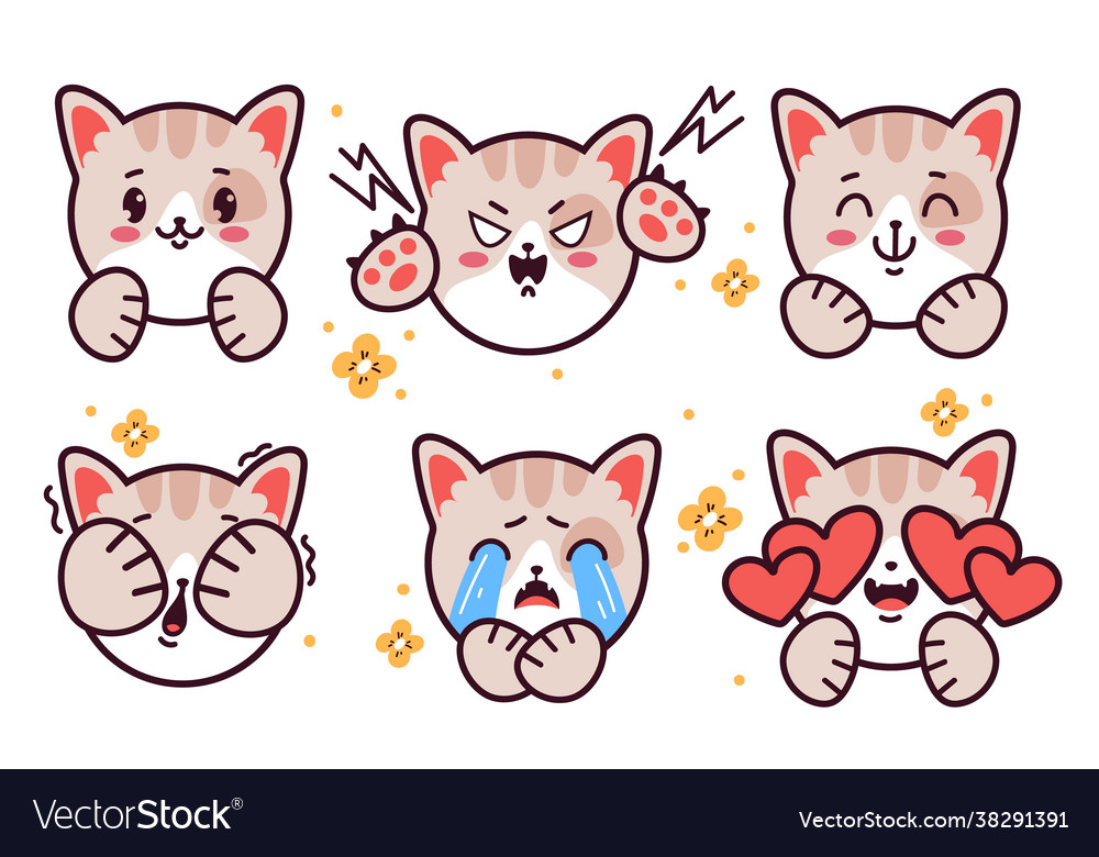 Cute funny cats set various emotions. Kawaii style emoticon icon