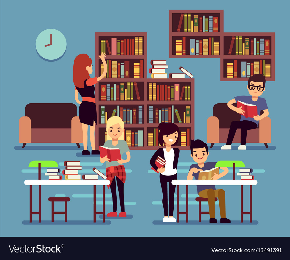 Download Studying students in library interior with books Vector Image