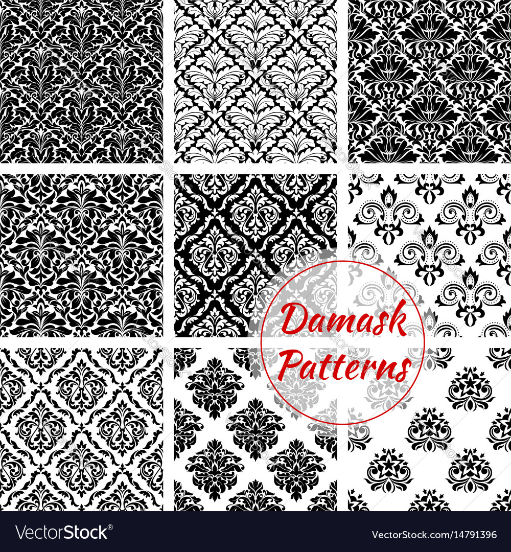 Black and white damask floral seamless pattern