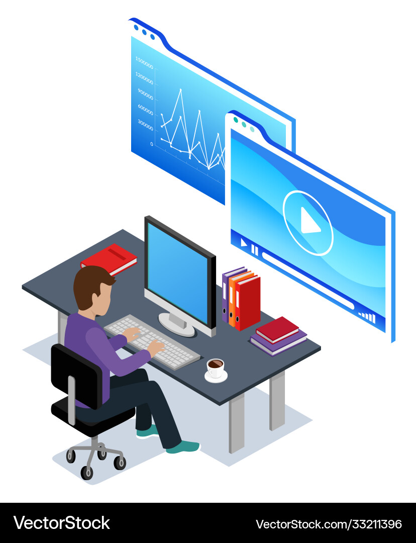 Man working on data analysis worker in office Vector Image