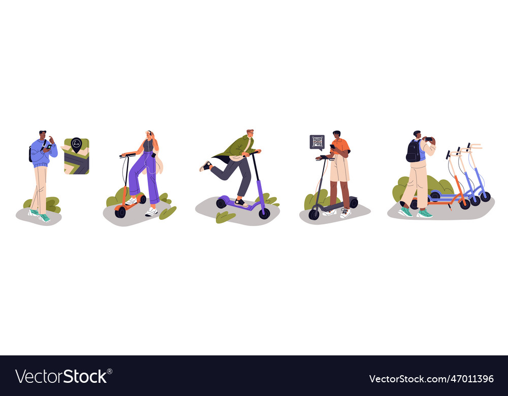 People renting escooters with mobile apps phones Vector Image