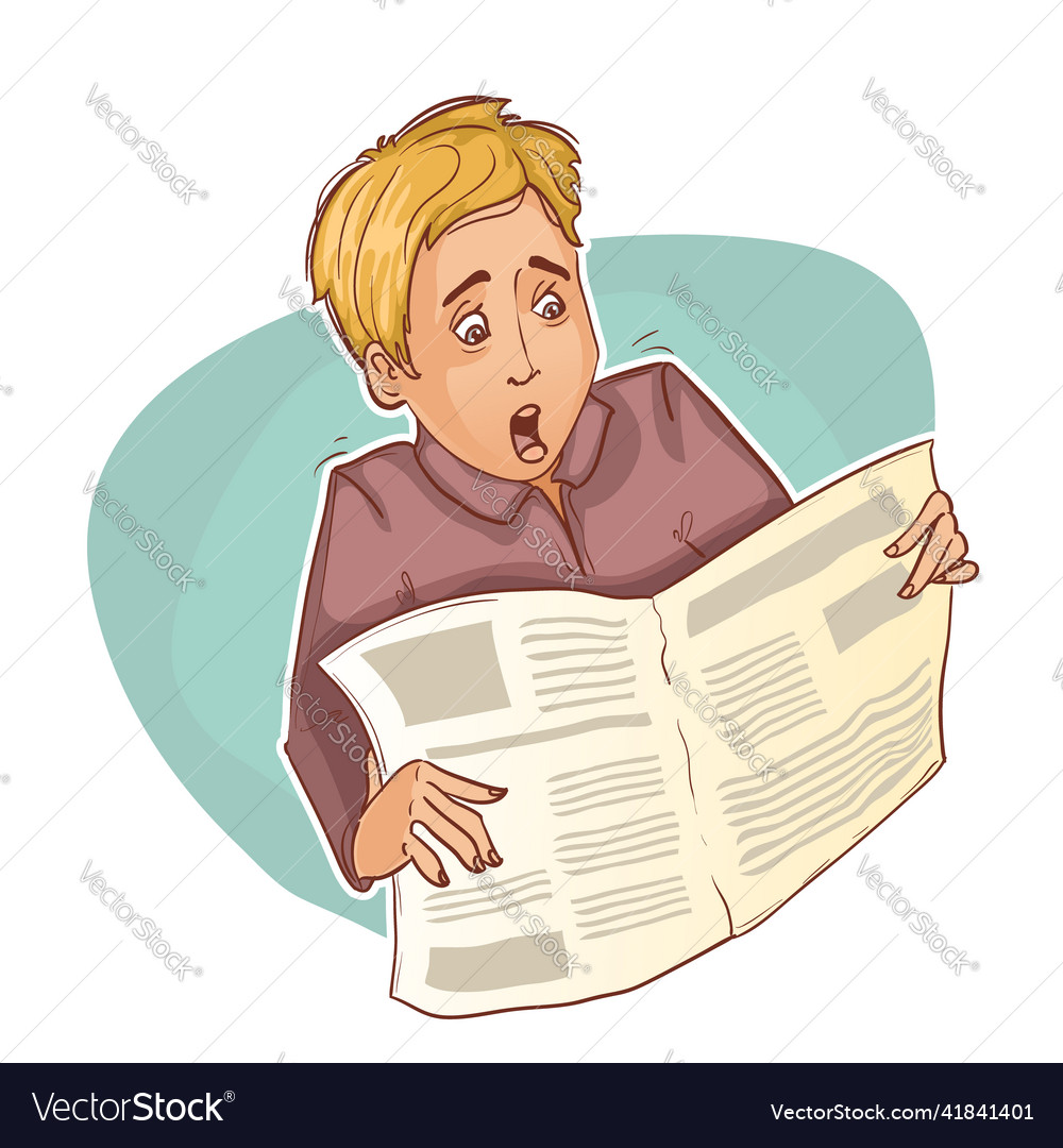 Young man is shocked reading newspaper Royalty Free Vector