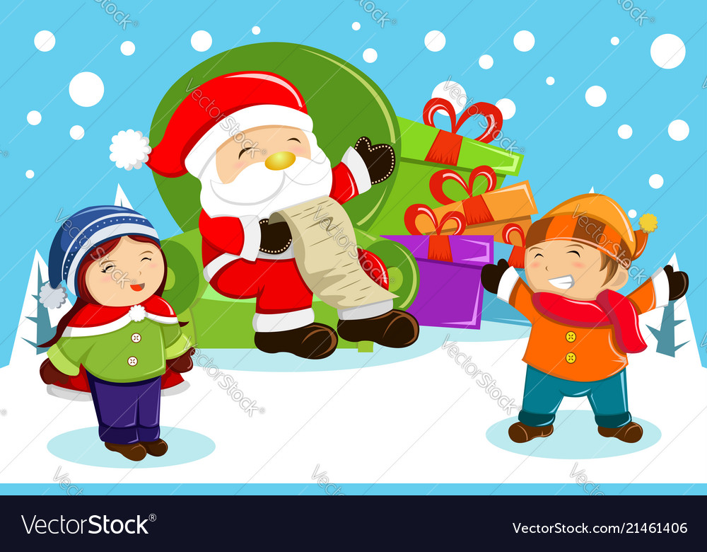 Santa claus carrying present bags and holding Vector Image