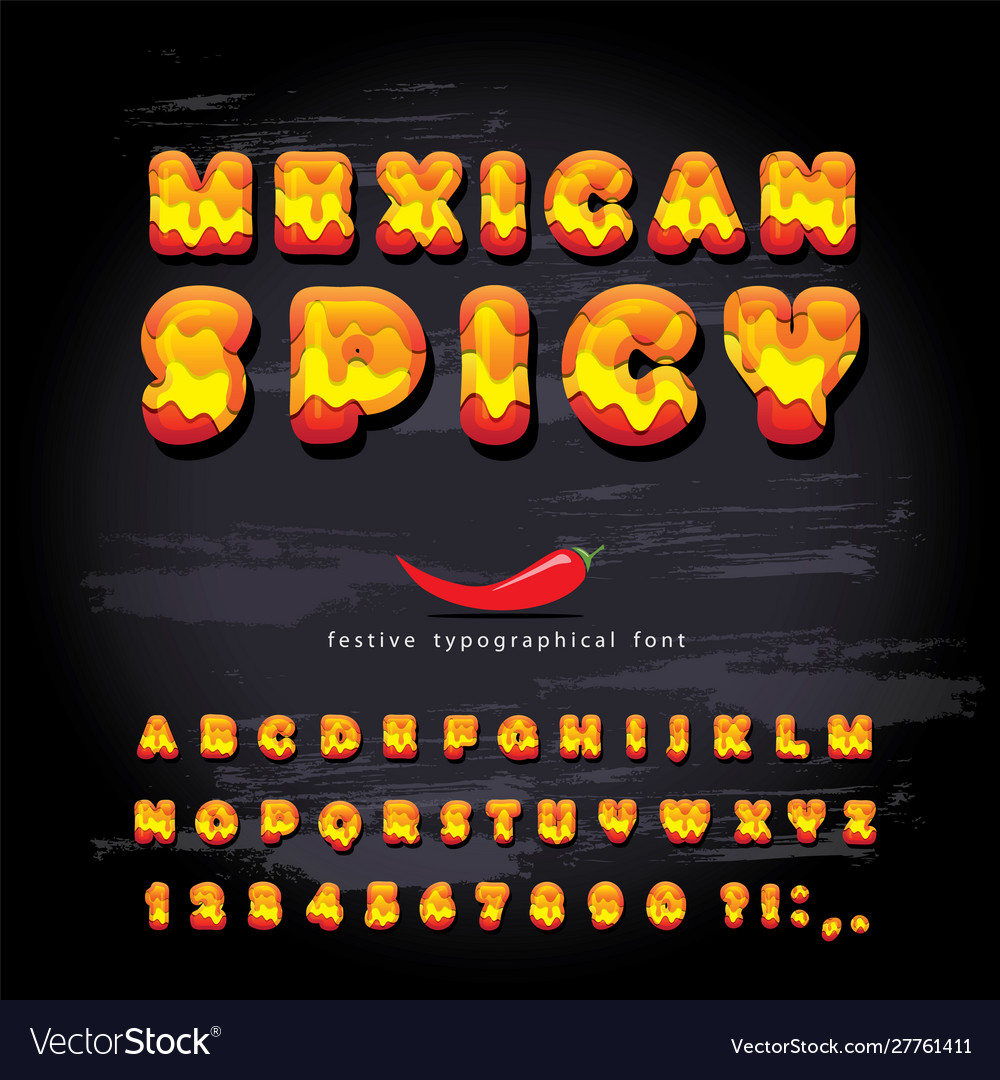 Mexican spicy cartoon font hot chili pepper burn vector image Mexican spicy cartoon font hot chili pepper burn