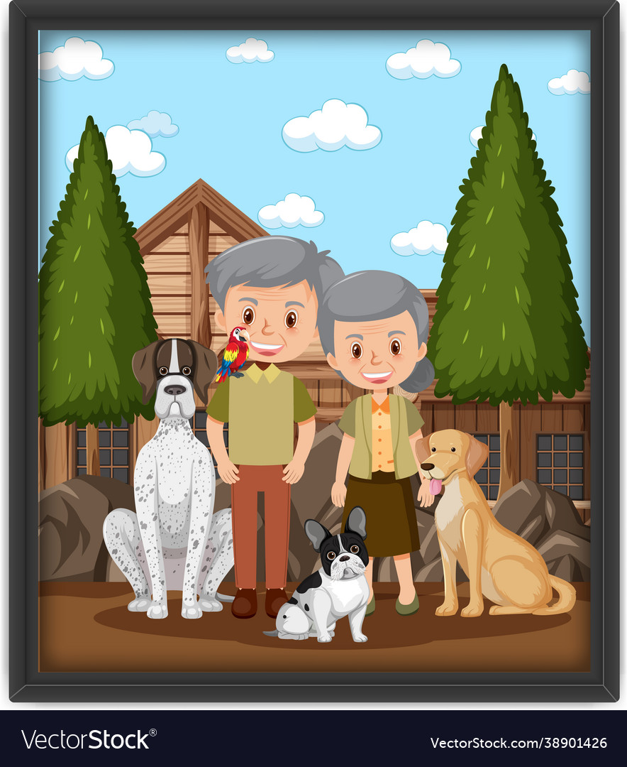 A picture frame with old couple playing their dog Vector Image A picture frame with old couple playing their dog Vector Image