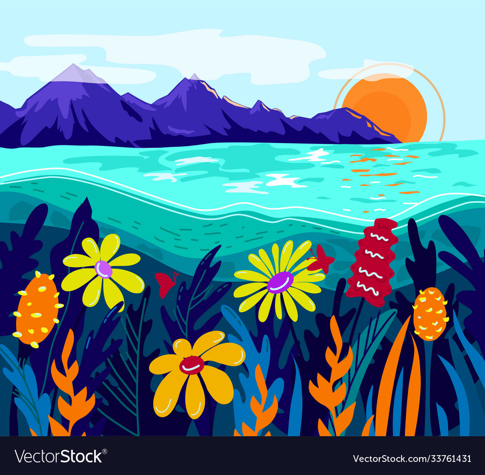 Colorful Landscape Mountains Sea Flowers Vector Image