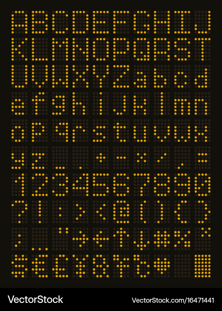 Yellow led alphabet and numbers Royalty Free Vector Image