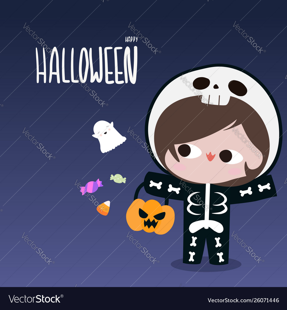 Kid in skeleton suit with ghost candy halloween vector image Kid in skeleton suit with ghost candy halloween