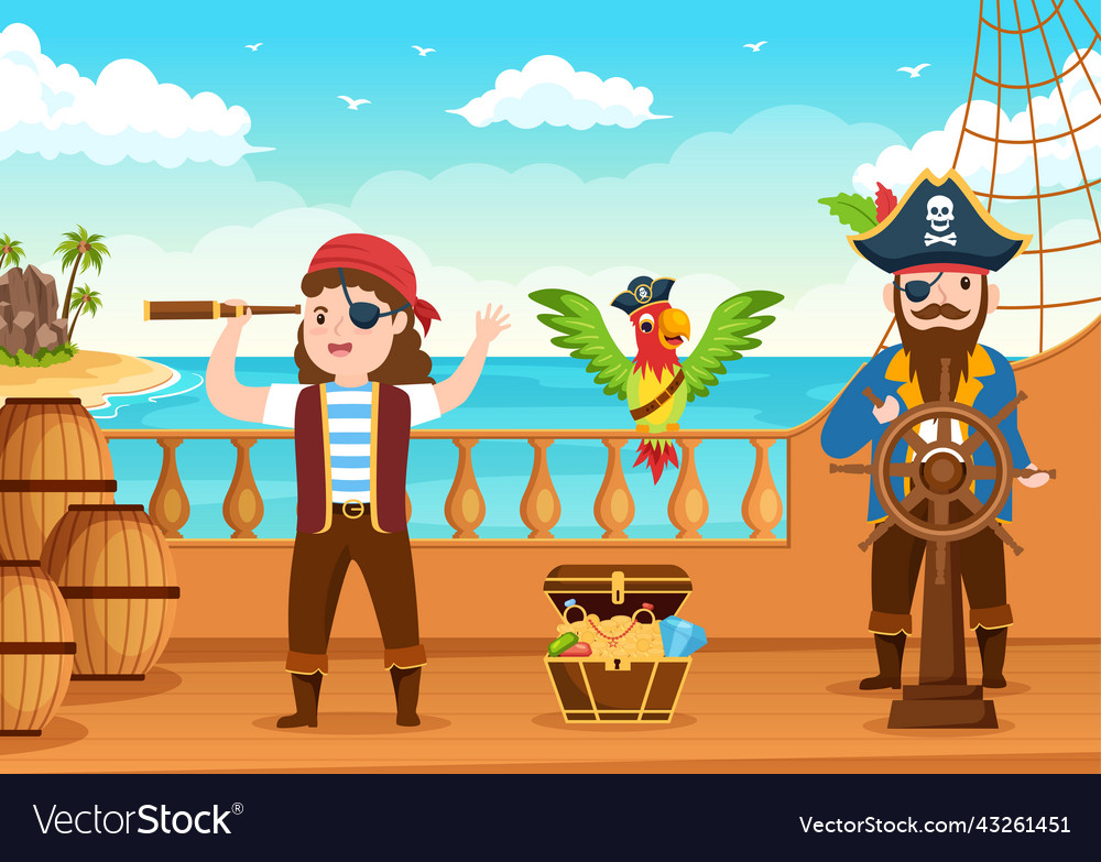 Cute pirate cartoon character with wooden wheel Vector Image