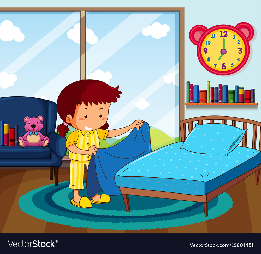 Girl in yellow pajamas making bed in bedroom Vector Image