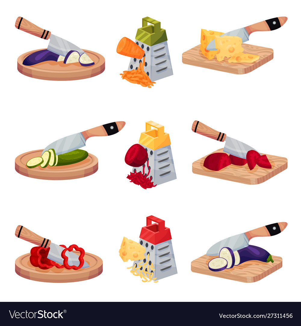 Set of images with vegetables and cheese chopped Vector Image