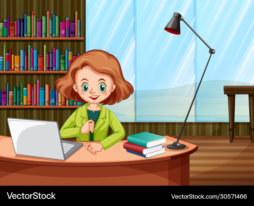 Scene with woman working on computer at home Vector Image
