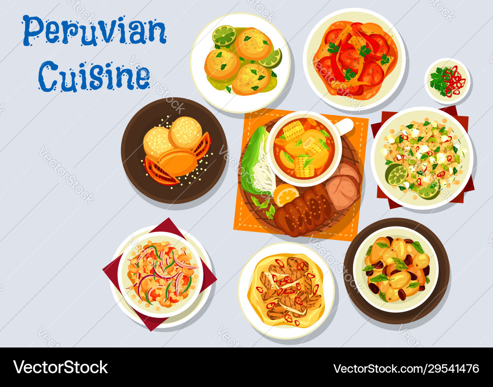Peruvian meat and vegetable dishes with cookies Vector Image