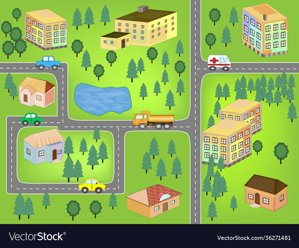 Cartoon map seamless pattern roads cars Royalty Free Vector